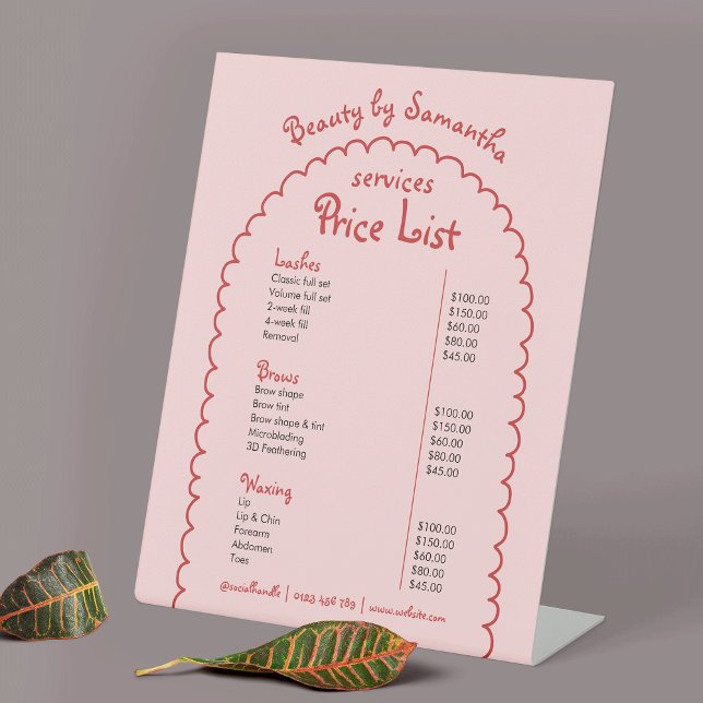 Retro Pink Red Whimsical Arch Girly Pricing Menu Pedestal Sign (Trendy pink & red whimsical hand drawn price list pedestal sign)