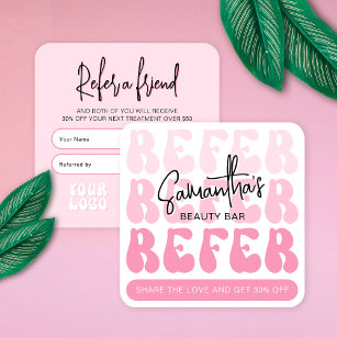 Retro Pink Refer a Friend Modern Logo Lash Salon Referral Card