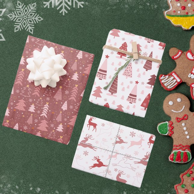 Retro Pink Reindeer and Christmas Trees Wrapping Paper Sheets (Creator Uploaded)