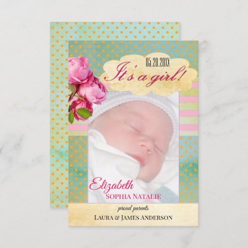 Retro Pink Roses Baby Girl Birth Announcement Card