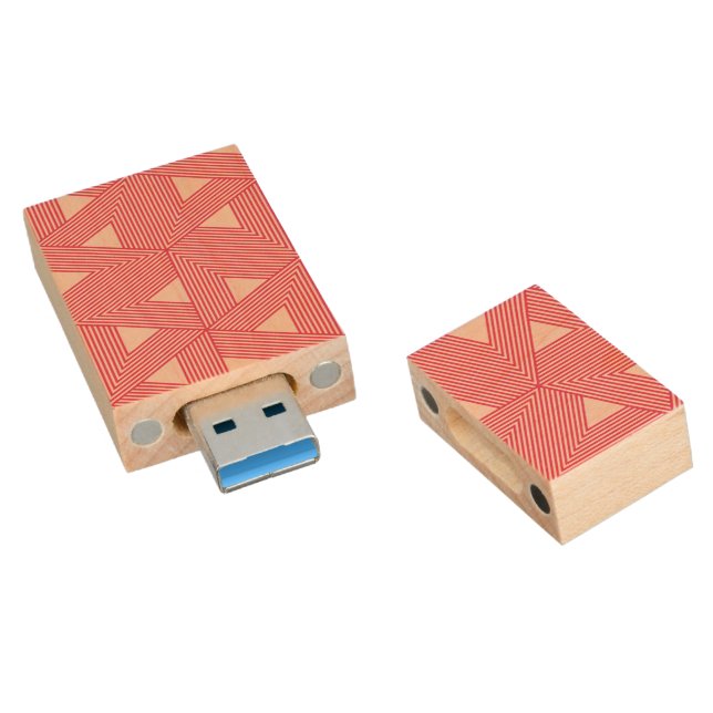 Retro Pink Sakura Japan Triangle Geometric Pattern Wood Flash Drive (Angled)