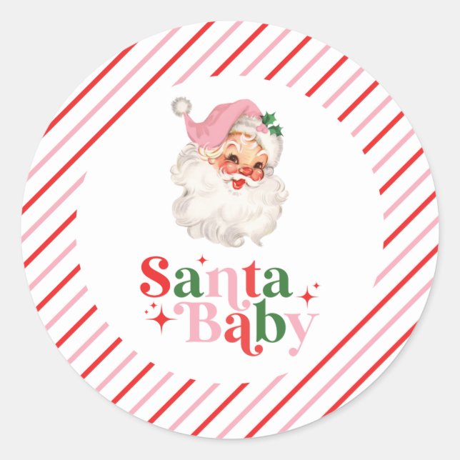 Retro Pink Santa Baby christmas baby shower Classic Round Sticker (Front)
