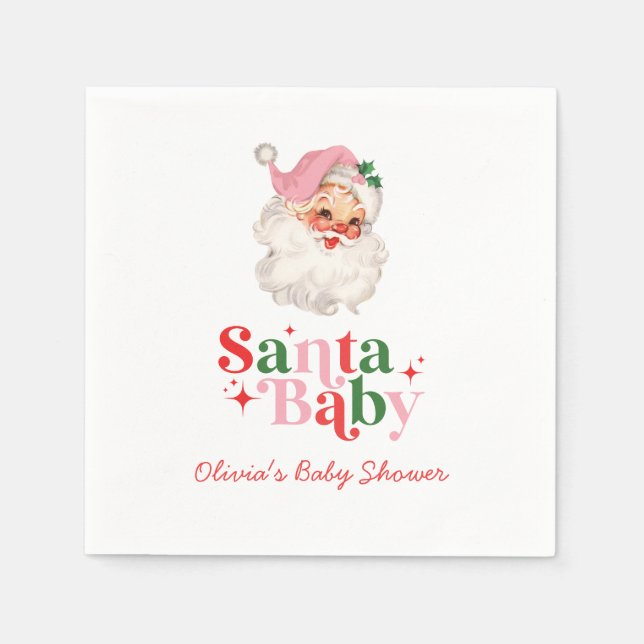 Retro Pink Santa Baby christmas baby shower Napkins (Front)