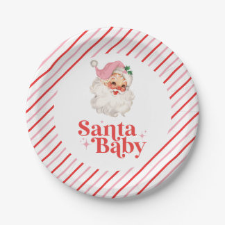 Retro Pink Santa Baby christmas baby shower Paper Plates
