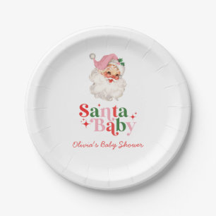 Retro Pink Santa Baby christmas baby shower Paper Plates