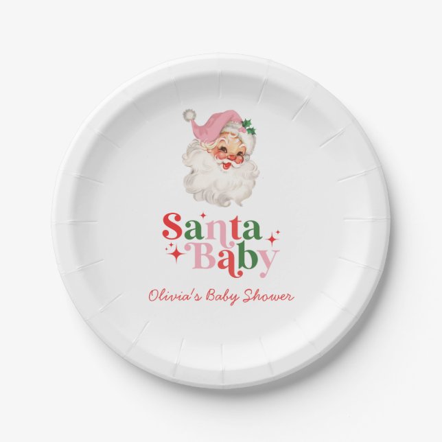 Retro Pink Santa Baby christmas baby shower Paper Plates (Front)