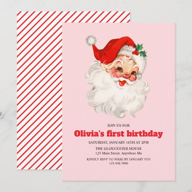 Retro Pink Santa birthday Invitation (Front/Back)