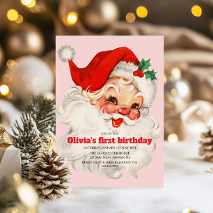 Retro Pink Santa birthday Invitation