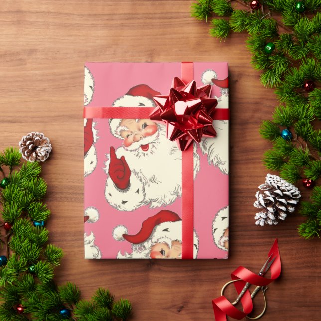 Retro Pink Santa Claus Christmas Wrapping Paper (Holiday Gift)