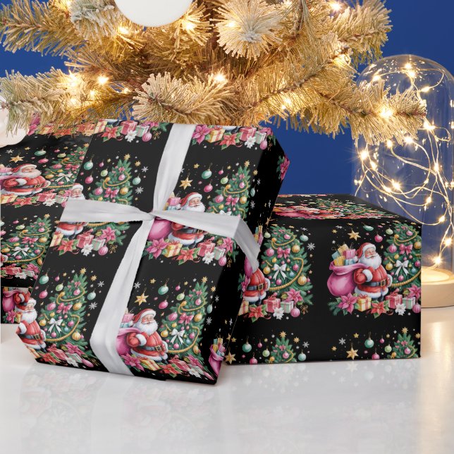 Retro Pink Santa Coquette Christmas Cute Tree Girl Wrapping Paper (Holidays)