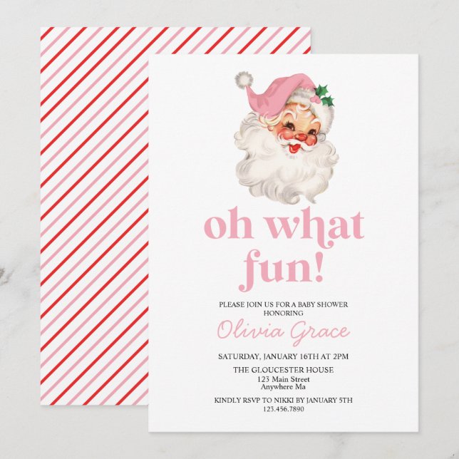 Retro Pink Santa oh what fun Baby Shower Invitation (Front/Back)