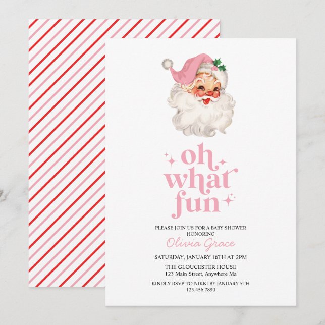 Retro Pink Santa oh what fun Baby Shower Invitation (Front/Back)