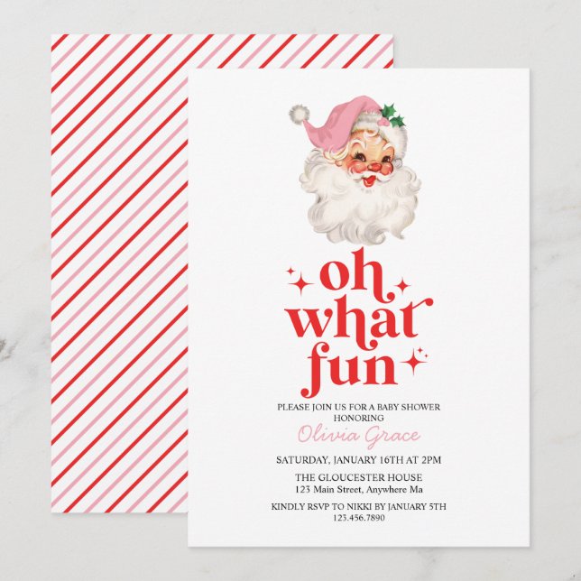 Retro Pink Santa oh what fun Baby Shower Invitation (Front/Back)