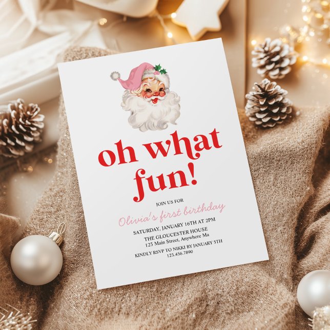Retro Pink Santa oh what fun birthday Invitation (Creator Uploaded)