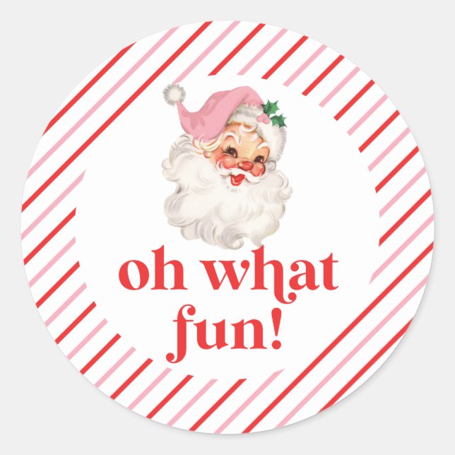Retro Pink Santa Oh What Fun Classic Round Sticker (Front)