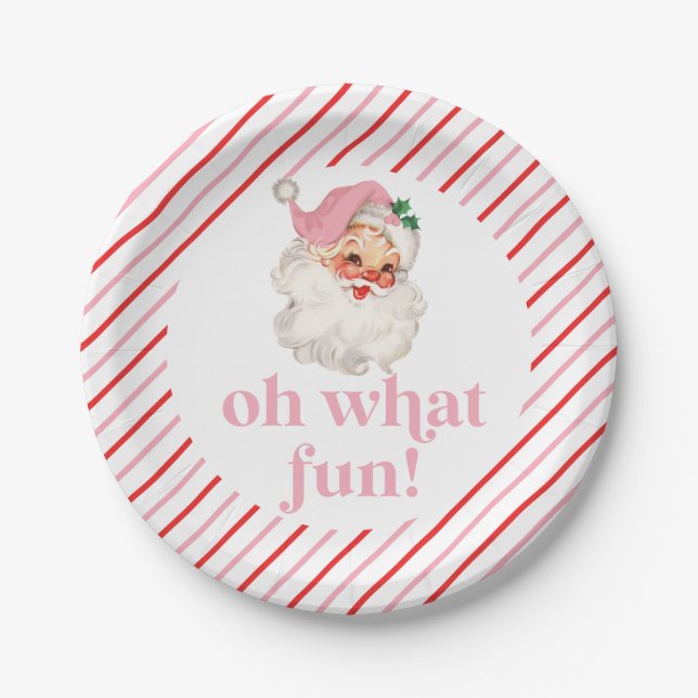 Retro Pink Santa Oh What Fun Paper Plates (Front)