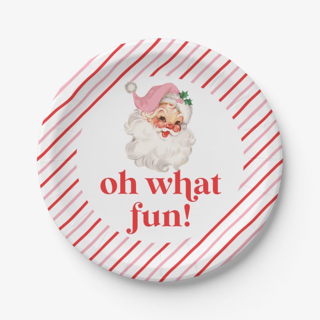 Retro Pink Santa Oh What Fun Paper Plates (Front)