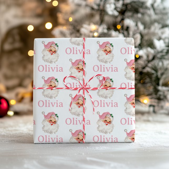 Retro Pink Santa personalized Wrapping Paper (Creator Uploaded)