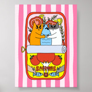 Retro Pink Sardine Cat Illustration Kitchen Poster
