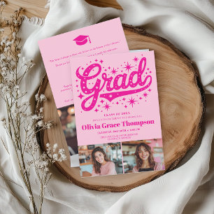 Retro Pink Script Stars 3-Photo Graduation Party Invitation