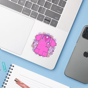 Retro Pink Scrub Top with Flowers Sticker