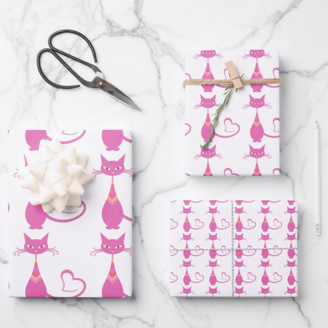 Retro Pink Sculpture Cat Art Deco Theme Wrapping Paper Sheets (Front)