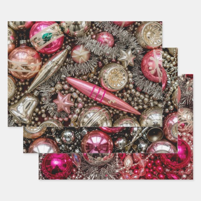 Retro Pink & Silver Ornament Wrapping Paper Sheets (Set)
