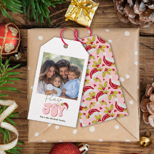 Retro Pink Simple Photo Peace and Joy Christmas Gift Tags