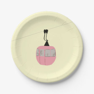 Retro Pink Ski Gondola Lift Skiers Cream Paper Plates