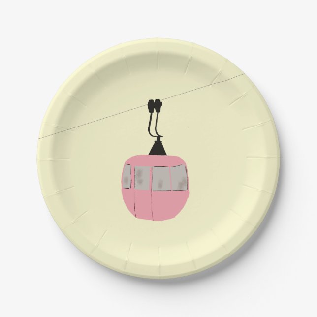 Retro Pink Ski Gondola Lift Skiers Cream Paper Plates (Front)