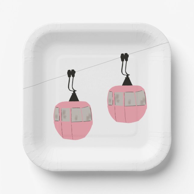 Retro Pink Ski Gondola Lift Skiers  Paper Plates (Front)
