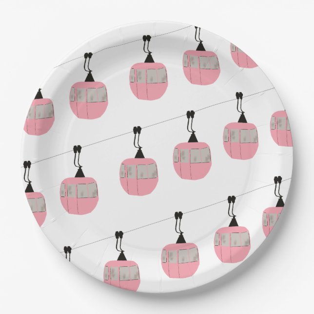 Retro Pink Ski Gondola Lift Skiers  Paper Plates (Front)