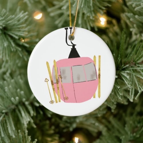 Retro Pink Ski Lift - Skiing Snowboarding Ceramic Ornament