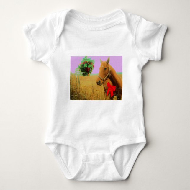 Retro pink sky Christmas Horse Baby Bodysuit (Front)