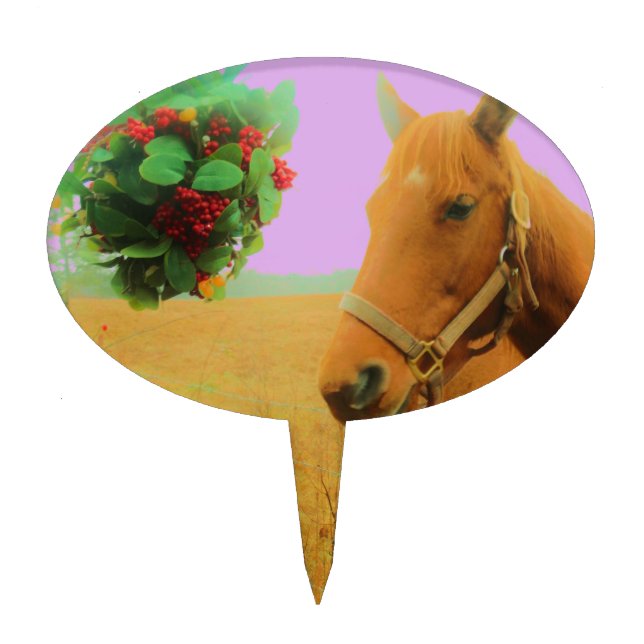 Retro pink sky Christmas Horse Cake Topper (Front)