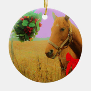 Retro pink sky Christmas Horse Ceramic Ornament