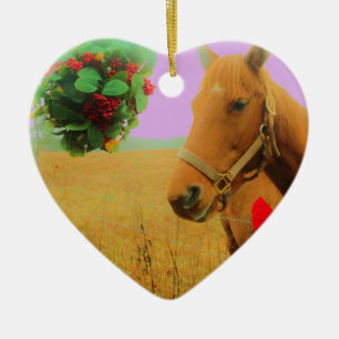 Retro pink sky Christmas Horse Ceramic Ornament