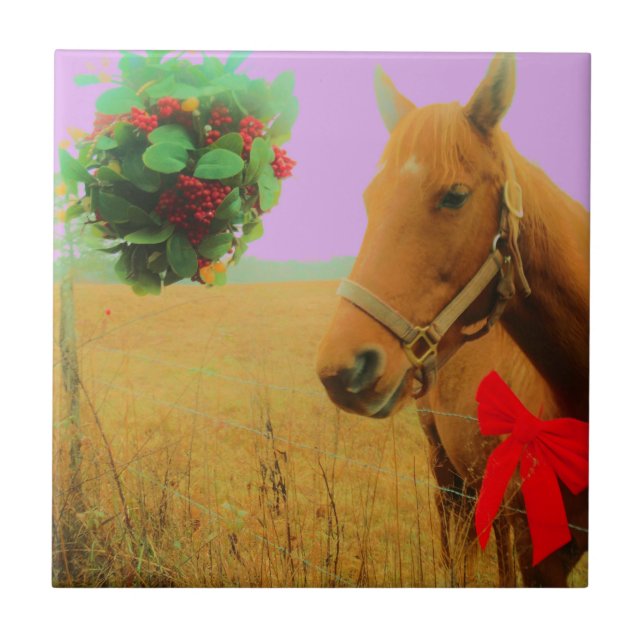 Retro pink sky Christmas Horse Ceramic Tile (Front)