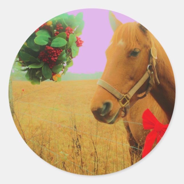 Retro pink sky Christmas Horse Classic Round Sticker (Front)