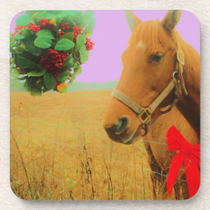 Retro pink sky Christmas Horse Drink Coaster