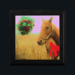 Retro pink sky Christmas Horse Keepsake Box<br><div class="desc">Retro pink sky Christmas Horse Retro pink sky Christmas Horse with Red Bow Choose your background color.Purple background Shown here. Horse with Red Bow Christmas Horse Christmas Horse Photo by Sandy Closs "Kissing under the mistletoe" , " Christmas Horse ", Mistletoe , "funny horse""horse at christmas""christmas horse", christmas, , xmas...</div>