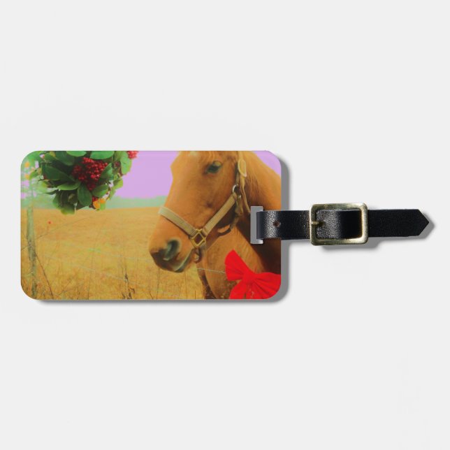 Retro pink sky Christmas Horse Luggage Tag (Front Horizontal)