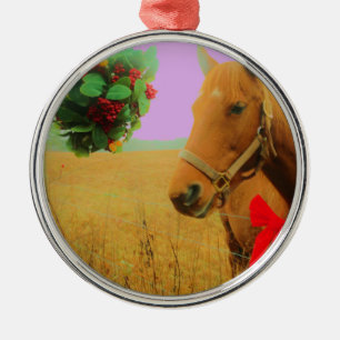 Retro pink sky Christmas Horse Metal Ornament