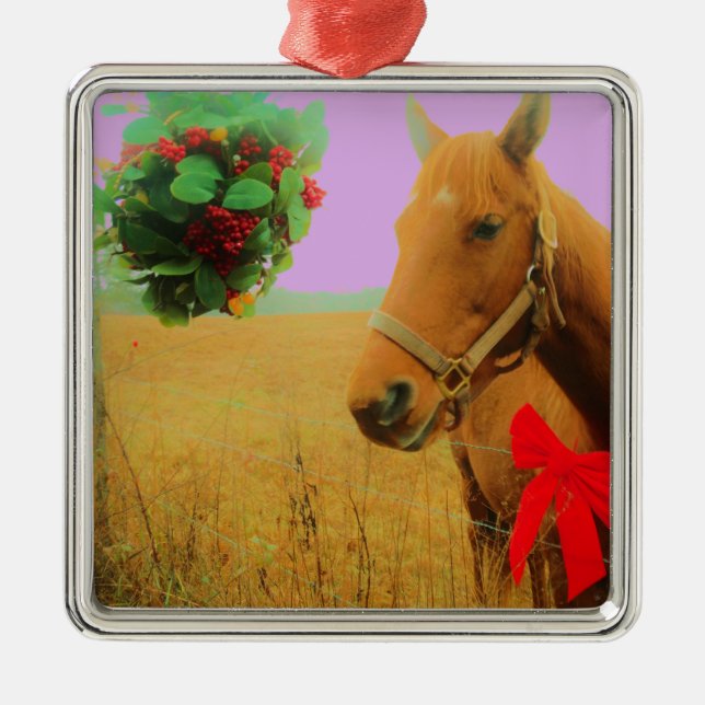Retro pink sky Christmas Horse Metal Ornament (Front)