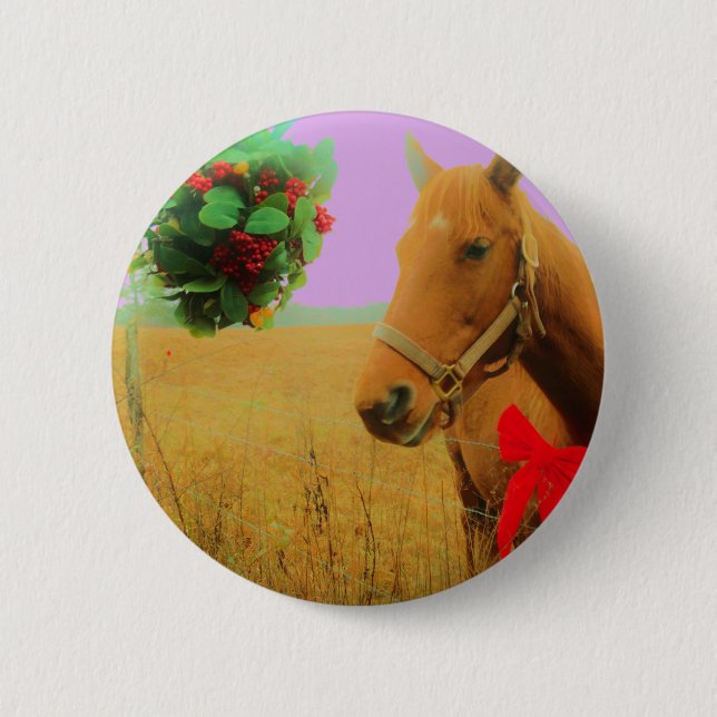 Retro pink sky Christmas Horse Pinback Button (Front)