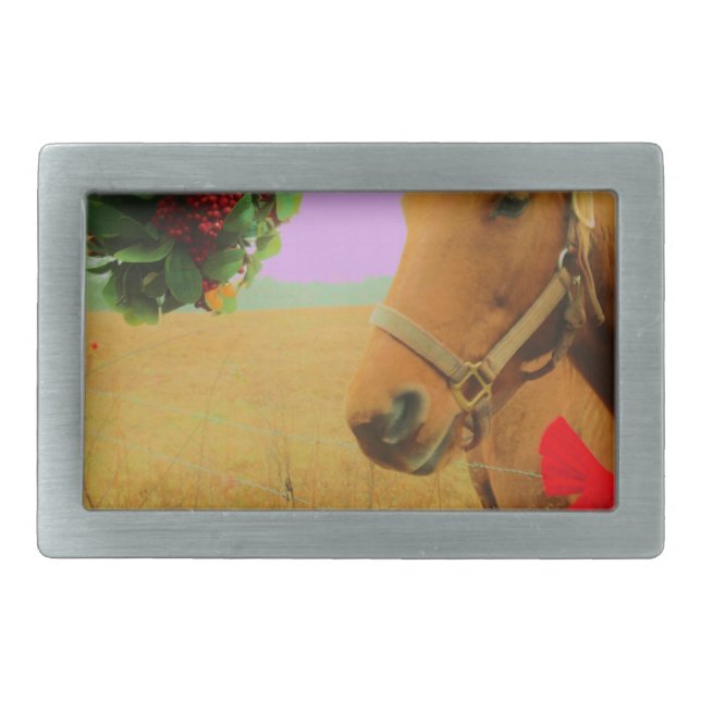 Retro pink sky Christmas Horse Rectangular Belt Buckle (Front)