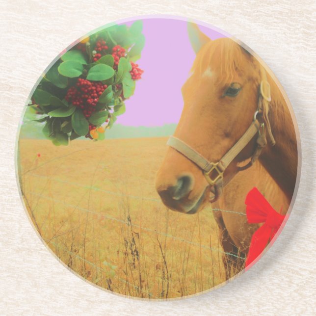 Retro pink sky Christmas Horse Sandstone Coaster (Front)