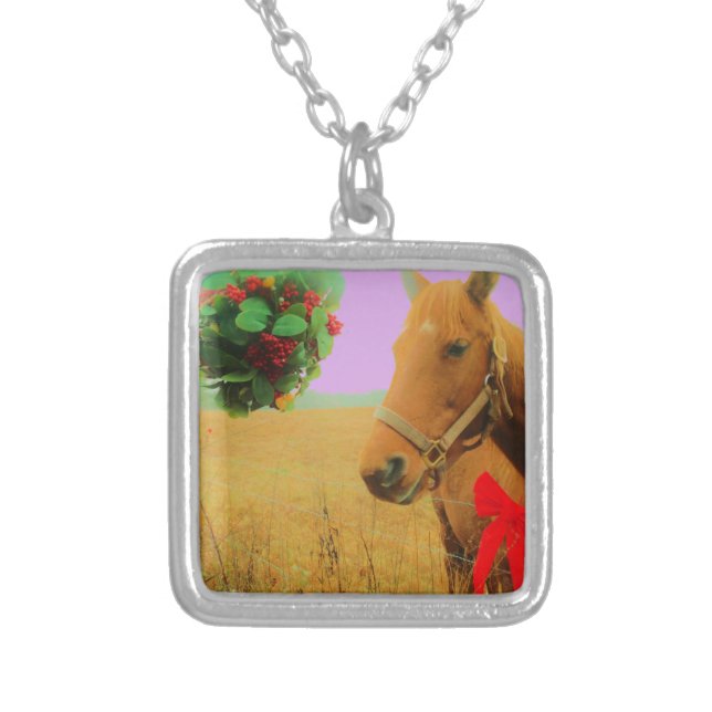 Retro pink sky Christmas Horse Silver Plated Necklace (Front)