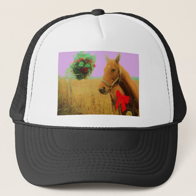 Retro pink sky Christmas Horse Trucker Hat (Front)