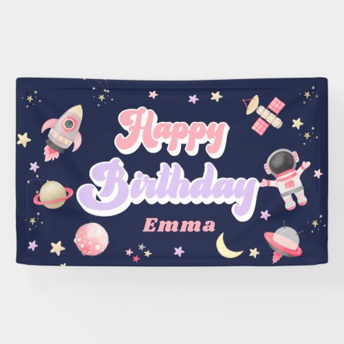 Retro Pink Space Happy Birthday  Banner